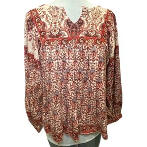 Rachel Zoe Red Paisley Floral Boho Peasant Blouse Balloon Sleeve Cottagecore